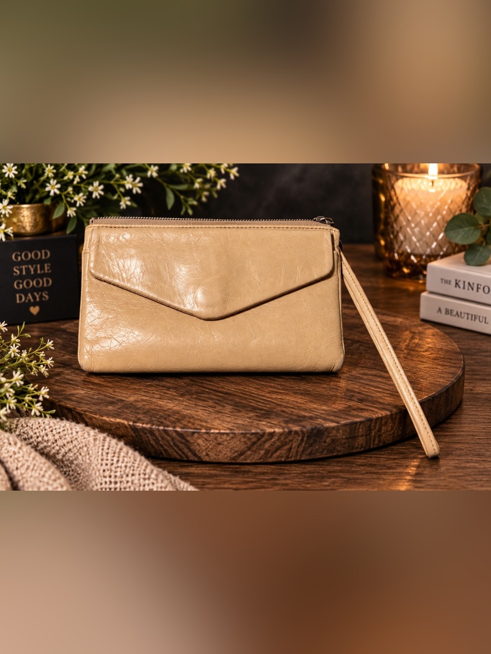 HOBO Tan Leather Wristlet Organizer Wallet Clutch